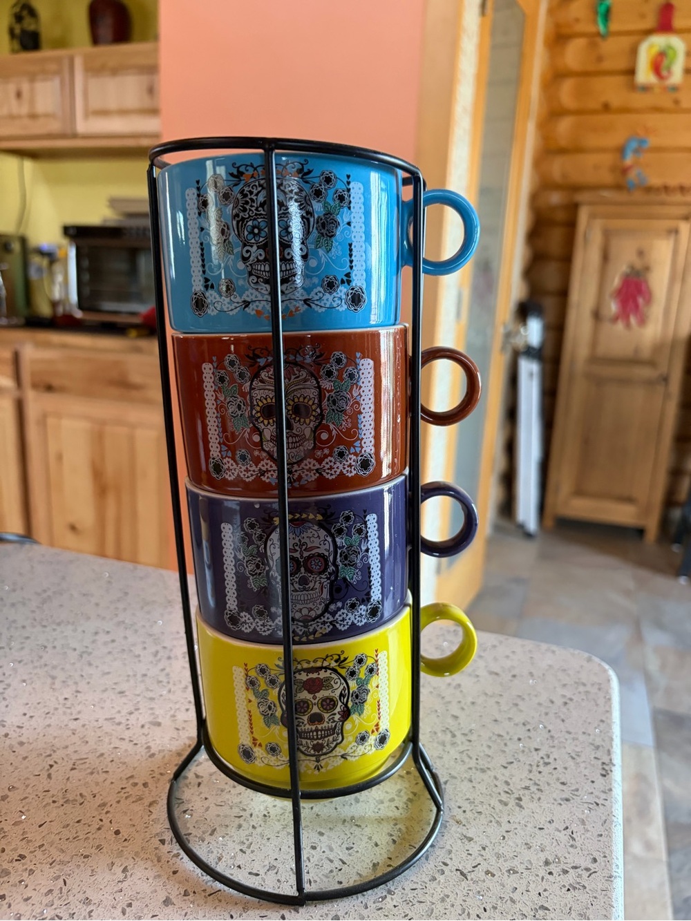 Sugar skull day of the dead coffee mugs with rack
